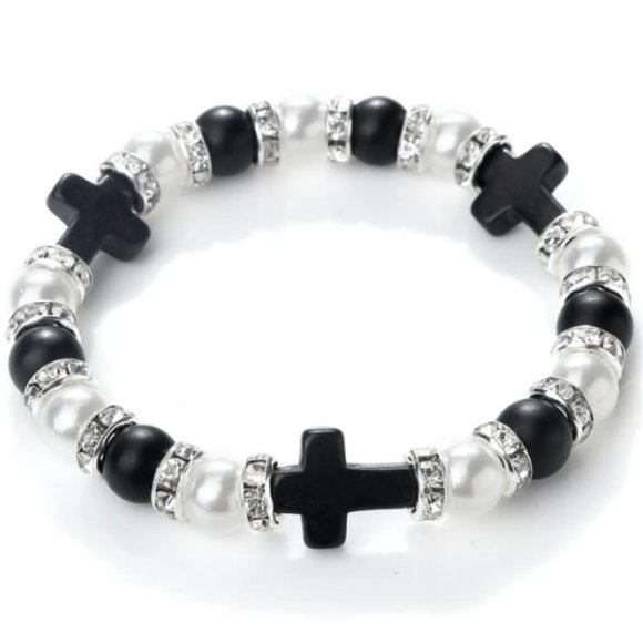 Cross Bracelet,Glass Pearl Bracelet,Pearl Cross Bracelet,Cross Beaded Bracelet - Picture 1 of 1